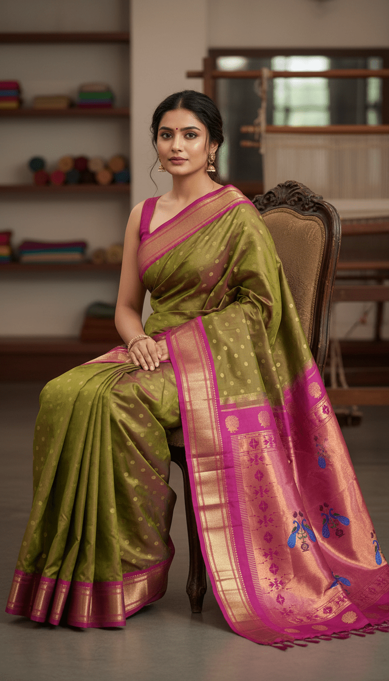 Olive Green Pink Paithani