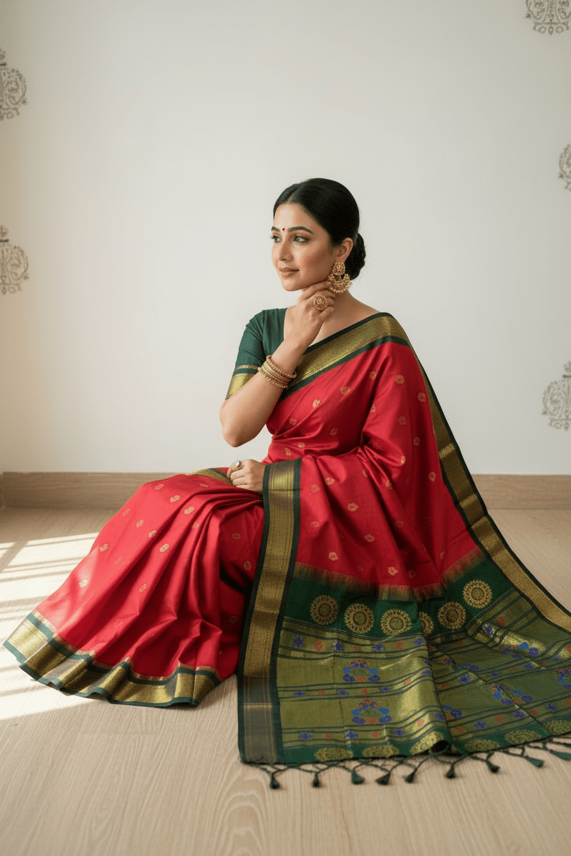 Red Peacock Green Paithani