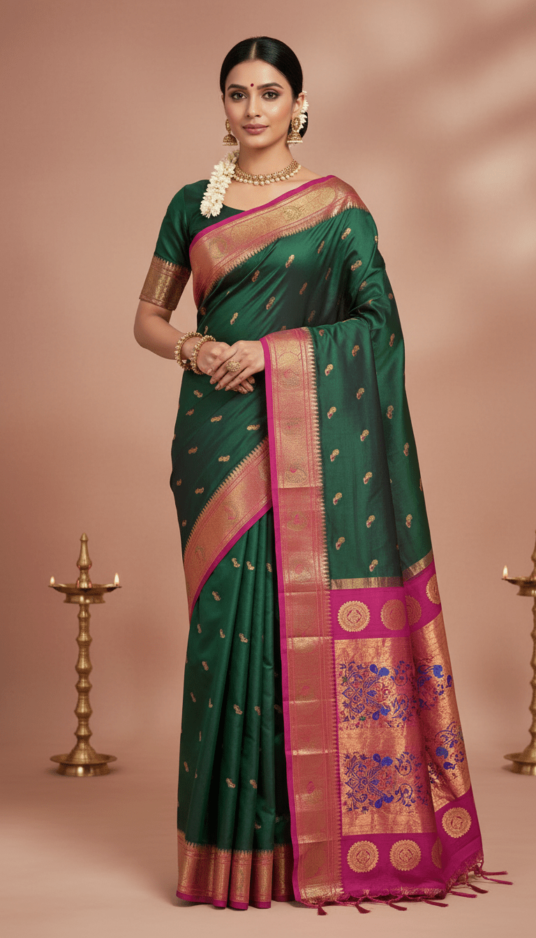 Dark Green Peacock Paithani